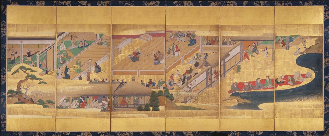 Kuusi taitettava näyttö, jossa Noh Play Funa-Benkei, n. 1660 (väri, gofun & muste ja kulta paperille) tekijältä Japanese School