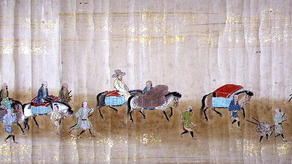 Kuudes Korean suurlähetystö Japanissa Meireki 1:ssä Tokugawa Ietsunan jälkeläisyyden aikaan vuonna 1651, mahdollisesti Kano Masunobu (1625-94) (rullamaalaus) (yksityiskohta) tekijältä Japanese School