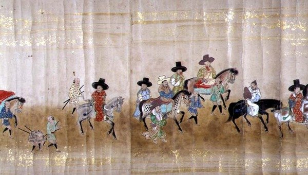 Kuudes Korean Japanin-suurlähetystö Meireki 1:ssä Tokugawa Ietsunan jälkeläisten aikaan vuonna 1651, mahdollisesti Kano Masunobu (1625-1694) (käärömaalaus) (yksityiskohta) tekijältä Japanese School