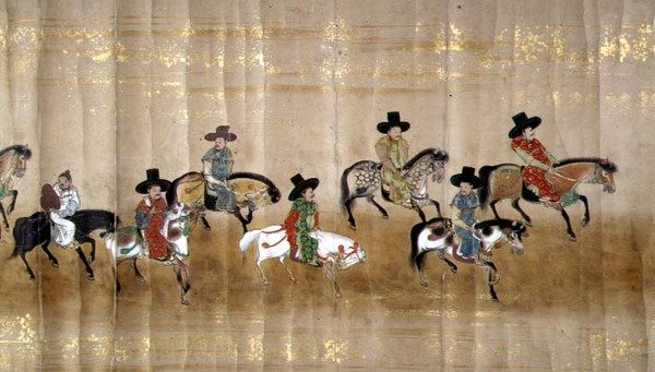 Kuudes Korean Japanin-suurlähetystö Meireki 1:ssä Tokugawa Ietsunan jälkeläisten aikaan vuonna 1651, mahdollisesti Kano Masunobu (1625-1694) (käärömaalaus) (yksityiskohta) tekijältä Japanese School