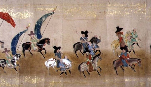 Kuudes Korean Japanin-suurlähetystö Meireki 1:ssä Tokugawa Ietsunan jälkeläisten aikaan vuonna 1651, mahdollisesti Kano Masunobu (1625-1694) (käärömaalaus) (yksityiskohta) tekijältä Japanese School