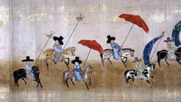 Kuudes Korean Japanin-suurlähetystö Meireki 1:ssä Tokugawa Ietsunan jälkeläisten aikaan vuonna 1651, mahdollisesti Kano Masunobu (1625-1694) (käärömaalaus) (yksityiskohta) tekijältä Japanese School