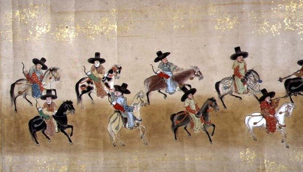 Kuudes Korean suurlähetystö Japanissa Meireki 1:ssä Tokugawa Ietsunan jälkeläisten aikaan vuonna 1651, mahdollisesti Kano Masunobu (1625-94) (käärömaalaus) tekijältä Japanese School