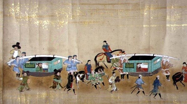 Kuudes Korean suurlähetystö Japanissa Meireki 1:ssä Tokugawa Ietsunan jälkeläisyyden aikaan vuonna 1651, mahdollisesti Kano Masunobu (1625-94) (rullamaalaus) (yksityiskohta) (katso myös 79781) tekijältä Japanese School