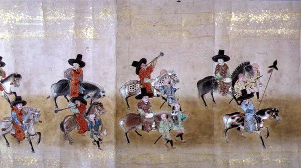 Kuudes Korean Japanin-suurlähetystö Meireki 1:ssä Tokugawa Ietsunan jälkeläisten aikaan vuonna 1651, mahdollisesti Kano Masunobu (1625-1694) (käärömaalaus) (yksityiskohta) tekijältä Japanese School