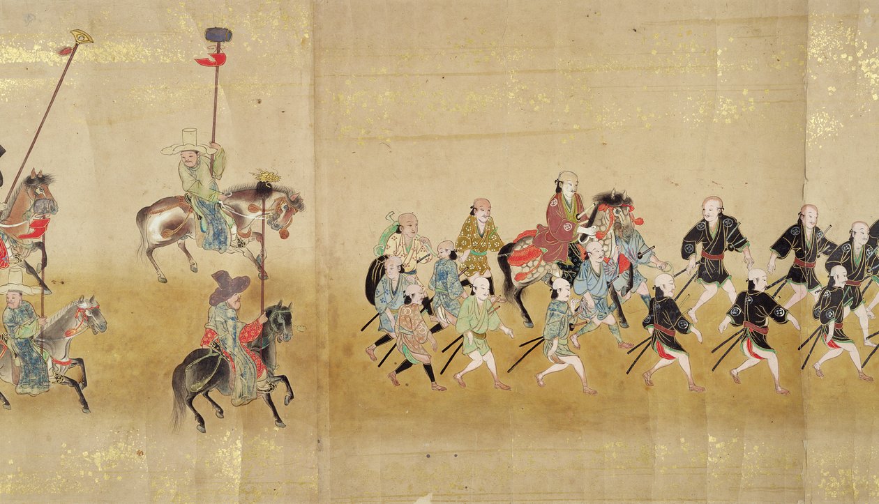 Kuudes Korean suurlähetystö Japanissa Meireki 1:ssä Tokugawa Ietsunan peräkkäin vuonna 1651, mahdollisesti Kano Masunobu (1625-94) (rullamaalaus) (yksityiskohta) tekijältä Japanese School