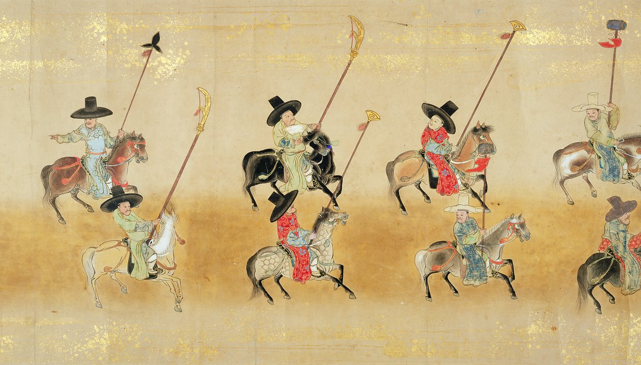 Kuudes Korean suurlähetystö Japanissa Meireki 1:ssä Tokugawa Ietsunan peräkkäin vuonna 1651, mahdollisesti Kano Masunobu (1625-94) (rullamaalaus) (yksityiskohta) (katso myös 79778) tekijältä Japanese School