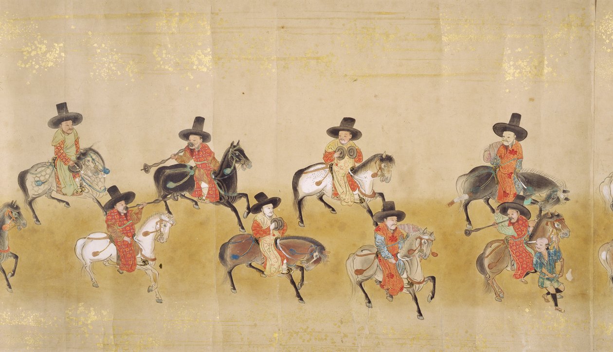 Kuudes Korean suurlähetystö Japanissa Meireki 1:ssä Tokugawa Ietsunan peräkkäin vuonna 1651, mahdollisesti Kano Masunobu (1625-94) (rullamaalaus) (yksityiskohta) tekijältä Japanese School