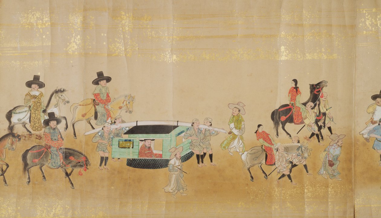 Kuudes Korean suurlähetystö Japanissa Meireki 1:ssä Tokugawa Ietsunan peräkkäin vuonna 1651, mahdollisesti Kano Masunobu (1625-94) (rullamaalaus) (yksityiskohta) tekijältä Japanese School