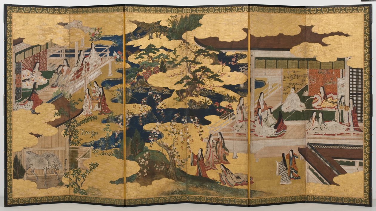 Spring in the Palace, kuusinkertainen näyttö elokuvasta The Tale of Genji, n. 1650 (mustetta, värejä ja kultaa paperille) tekijältä Japanese School