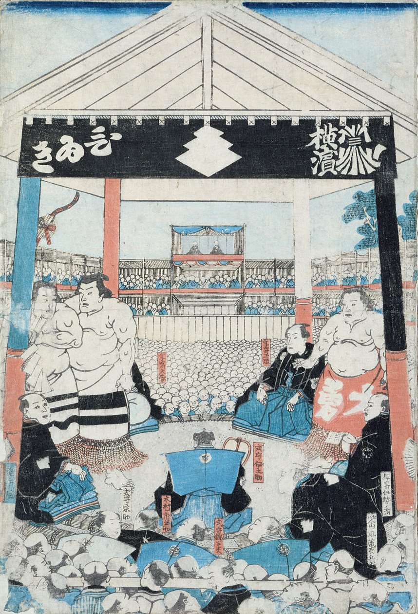 Sumopainijat aloittamassa ottelun (puupalikkaprintti) tekijältä Japanese School