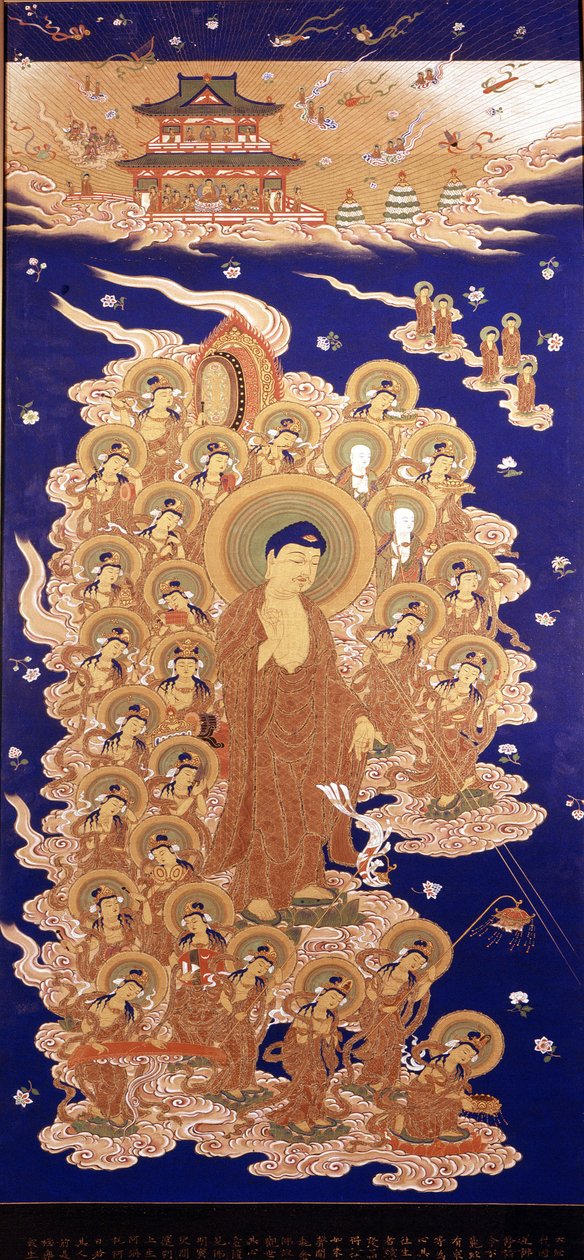 Amida Buddha laskeutuu taivaasta, se on Amitabha Buddhan japanilainen nimi. Yamato-koulun maalaus - 1500-luvun E. Genova, Museo Chiossone. tekijältä Japanese School