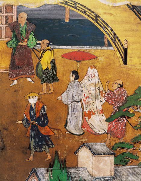 Portugalilaisten saapuminen Japaniin, yksityiskohta katunäkymästä, Namban Byobu -näytöstä, 1594-1618 tekijältä Japanese School