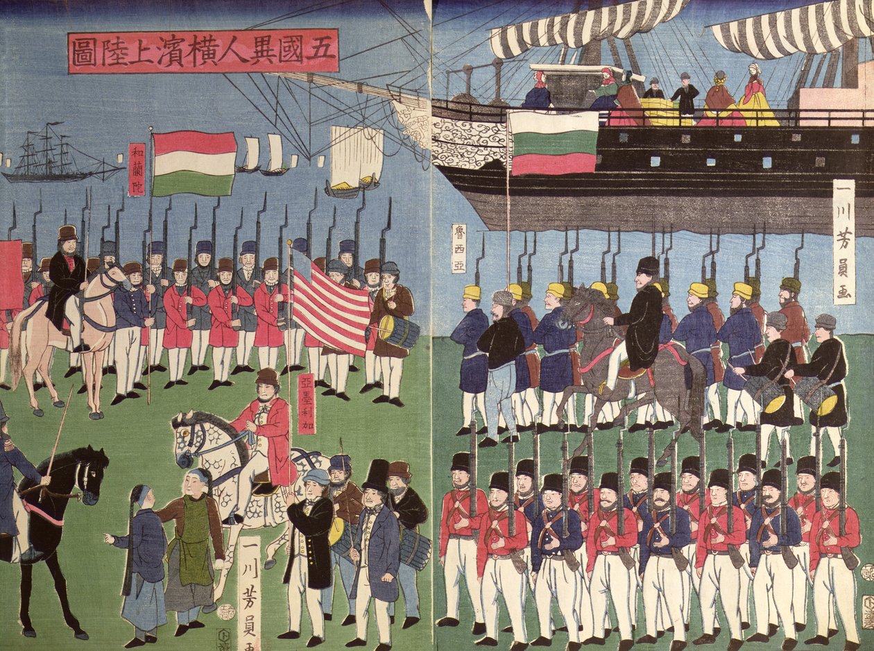 Commodore Perryn laivueen saapuminen japanilaiseen satamaan vuonna 1853 (värillinen puupainatus) tekijältä Japanese School