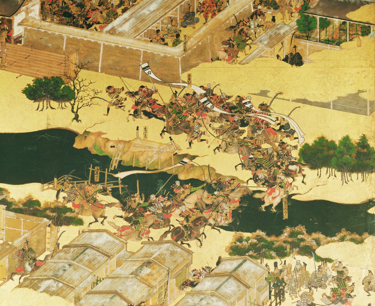Halogeenin taistelu näytöltä, Momoyama-kausi (1568-1600) (kynä ja mustetta, väriä ja kultaa paneelissa) (yksityiskohta) tekijältä Japanese School