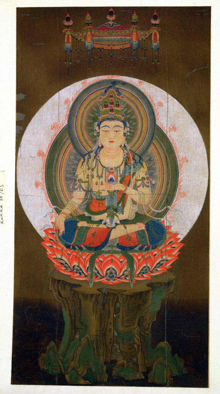 Bodhisattva Akashagarba pitelee Cintamani-jalokiviä (toiveiden antaminen) vasemmassa kädessään ja istuu lootuksen päällä, kuva 9. vuosisadan kakemonon jälkeen Daigon temppelistä, julkaistu Th. tekijältä Japanese School