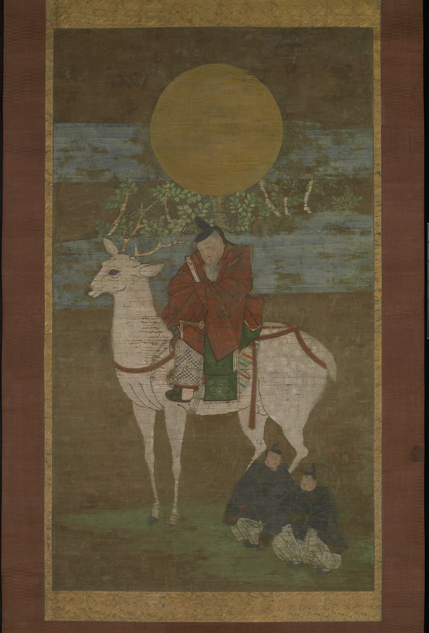 Lähtö Kashimasta (jumaluus Kasuga out), 1300-luvun loppu (Riippuva rulla: muste, väri ja kulta silkillä) tekijältä Japanese School
