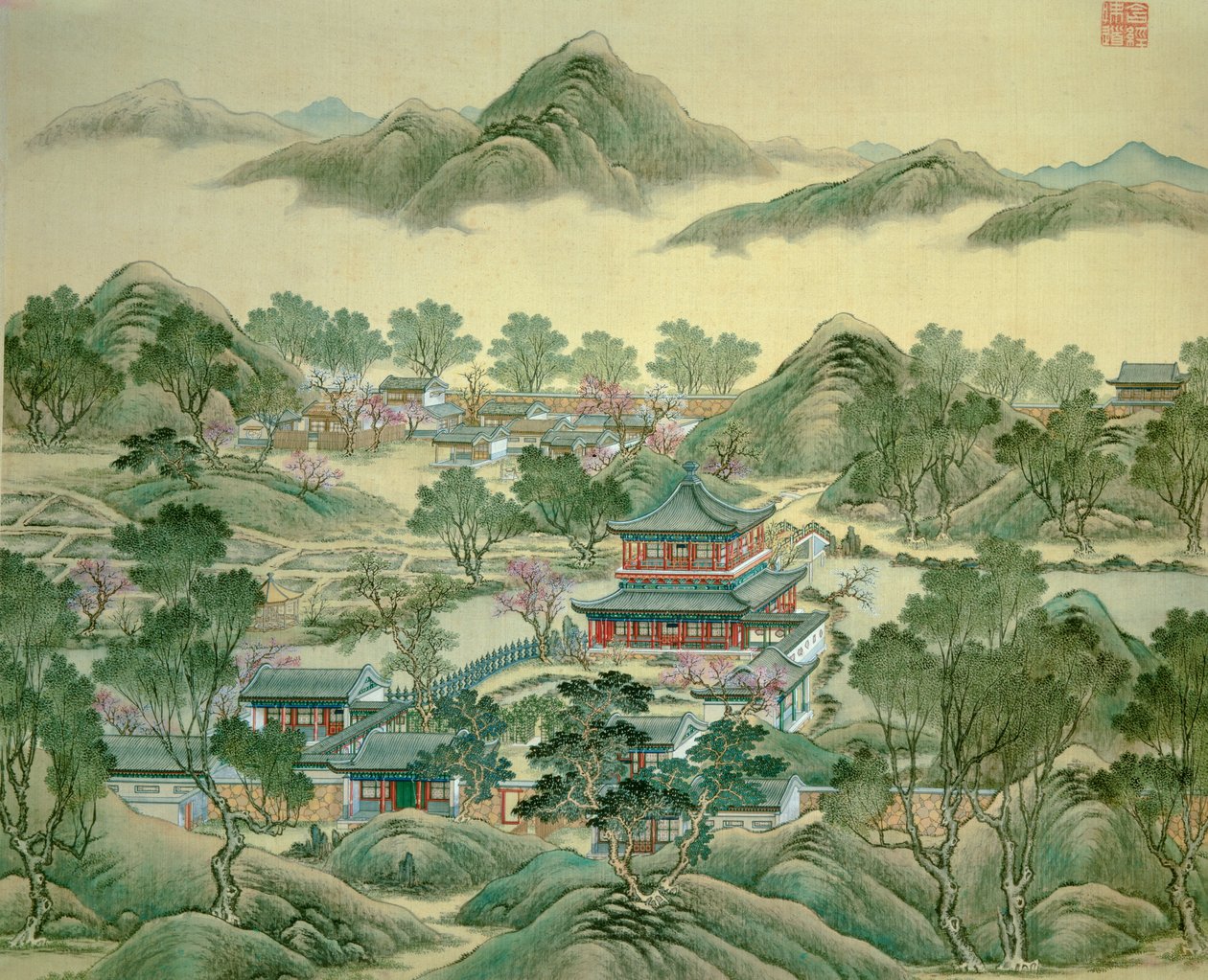 1800-luvun japanilaisen printin yksityiskohtien paviljonki. tekijältä Japanese School