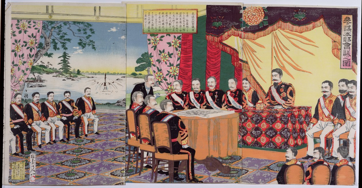 Keisari Mutsuhito (1852-1912) Sotaneuvostossa, episodi Kiinan ja Japanin sodasta, 1800-luvun lopulla (värillinen puupainatus) (katso myös 176842) tekijältä Japanese School