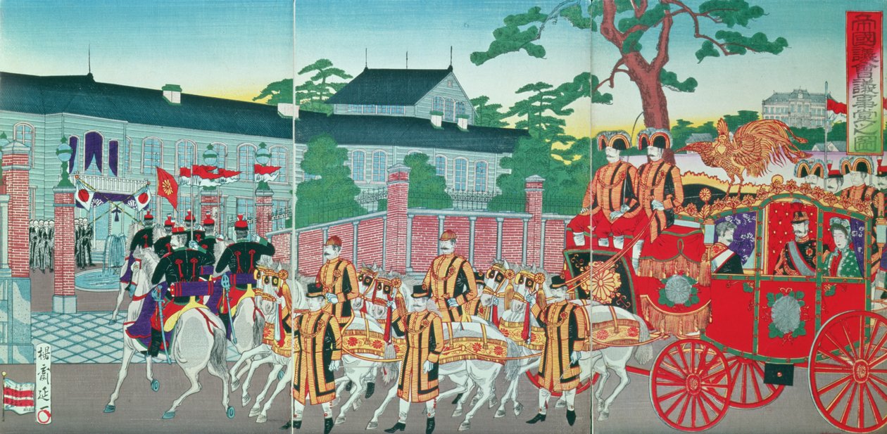 Keisari Mutsuhito (1852-1912) palaamassa palatsiinsa Tokiossa, 1800-luvun lopulla (värillinen puupainatus) tekijältä Japanese School