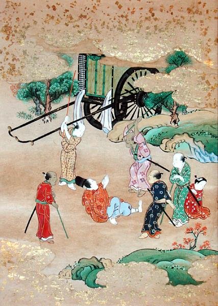 Munkki Shogaku (1126-1235) ryöstöjen kimppuun (akvarelli paperille) tekijältä Japanese School