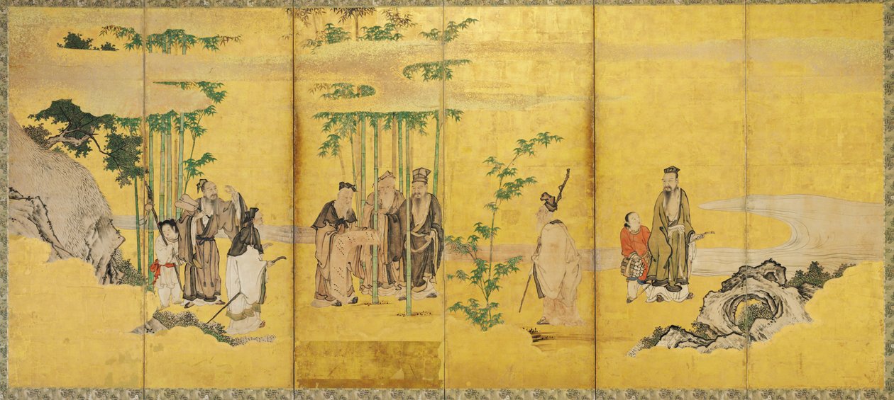 Bamboo Groven seitsemän viisasta, Kan? koulu (muste, väri, kulta ja lehtikulta paperille) tekijältä Japanese School