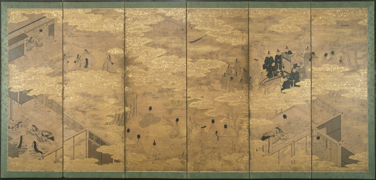 The Tale of Genji, 1600-luvun loppu - 1700-luvun alku (muste pigmentillä ja kultalehti kiillepaperilla) (pari 171424) tekijältä Japanese School