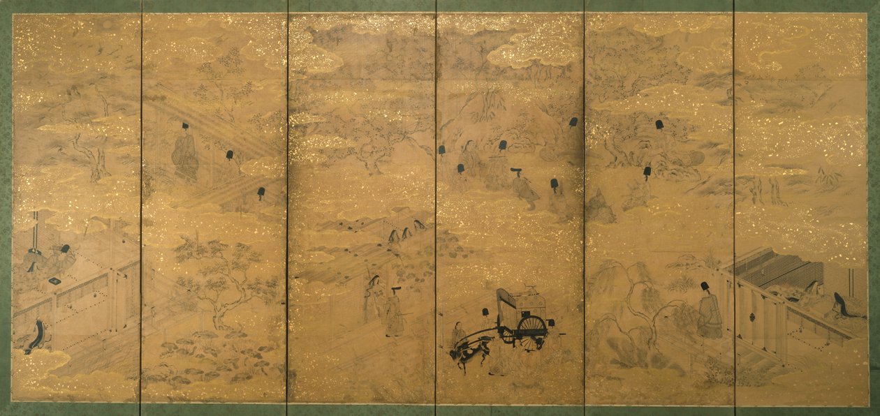 The Tale of Genji, 1600-luvun loppu - 1700-luvun alku (muste pigmentillä ja kultalehti kiillepaperilla) (pari 171423) tekijältä Japanese School