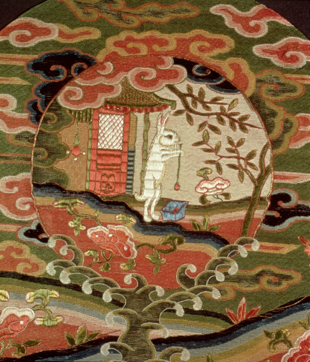 Kilpikonna ja jänis, Edo-kausi (1600-1868) (silkkikirjonta) (yksityiskohta) tekijältä Japanese School