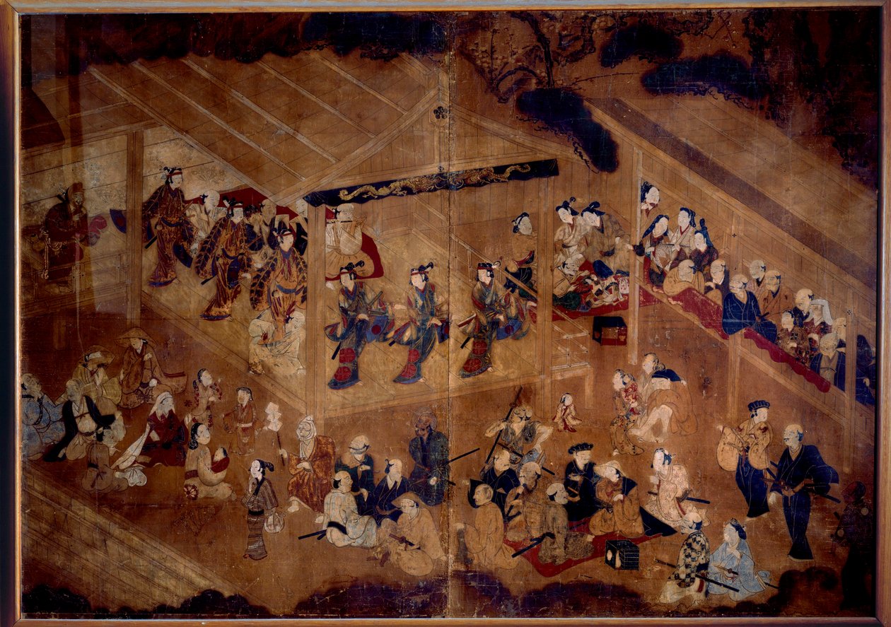 Teatteri Kabuki: näyttelijät lavalla; 1700-luvun japanilainen printti Pariisi, Guimetin museo, Aasian taiteiden kansallinen museo tekijältä Japanese School
