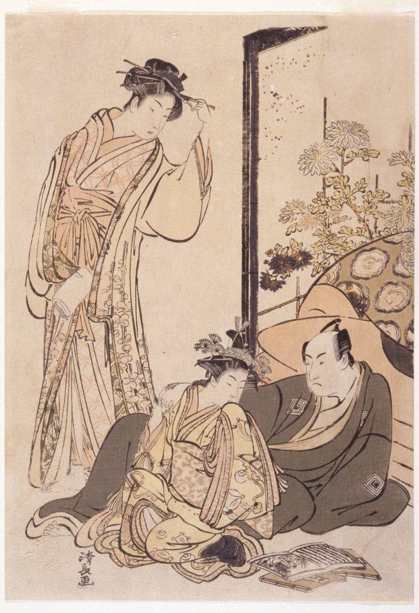 Kolme hahmoa, noin 1760-1810 (puupiirros) (woodblock) tekijältä Japanese School