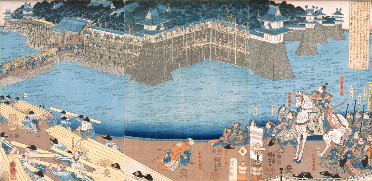 Triptyykki, jossa näkyy Kunigos-joen varrelle rakennettava linnoitus, Edo-kausi 1603–1868. tekijältä Japanese School