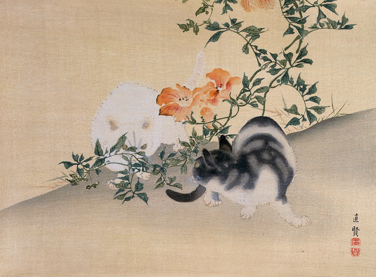 Kaksi kissaa, kuvitus Kokka-lehdestä, 1898-99 tekijältä Japanese School