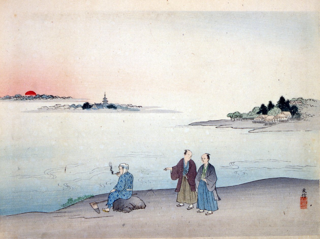 Kaksi miestä kävelemässä järven rannalla, n. 1870 tekijältä Japanese School