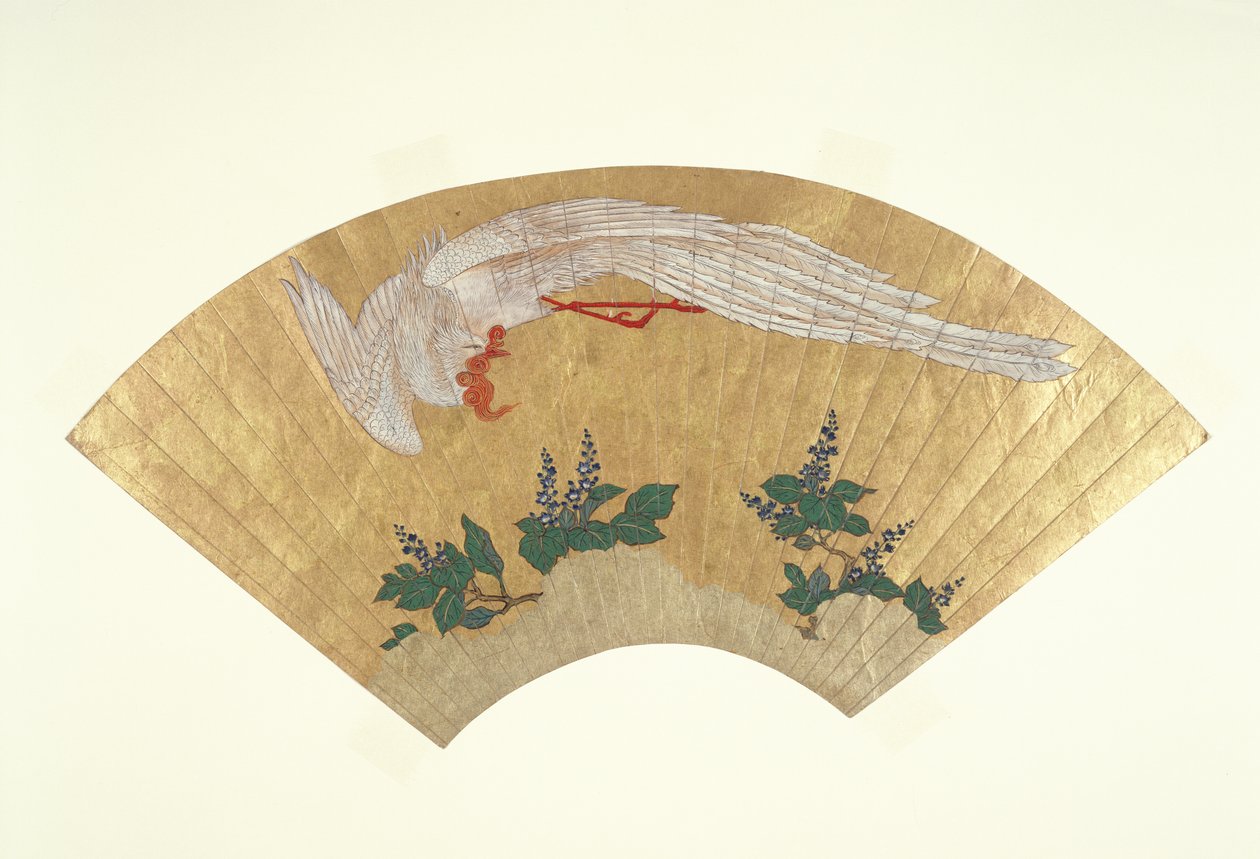 Kiinnittämätön tuuletin: Lintusukellus lumen peittämälle bambulle, n. 1700-60 (kulta & wc paperilla) tekijältä Japanese School