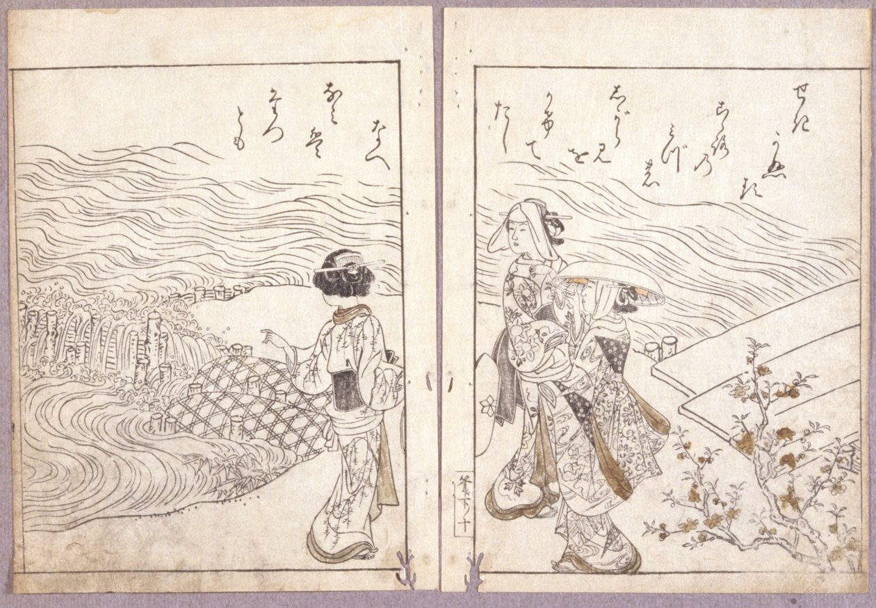 Nimetön (Hojo-bileet Azuma Genjin pyhiinvaellusjoukolta, joka katselee Buddha-kuvaa) (värilliset puupiirrokset) tekijältä Japanese School