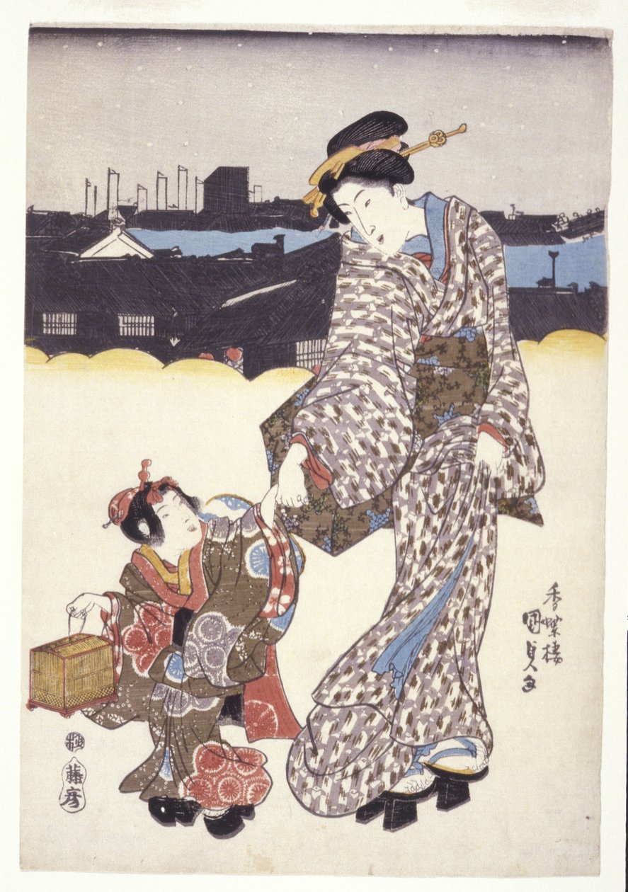 Nimetön (nainen ja lapsi) (värilliset puupiirrokset) tekijältä Japanese School