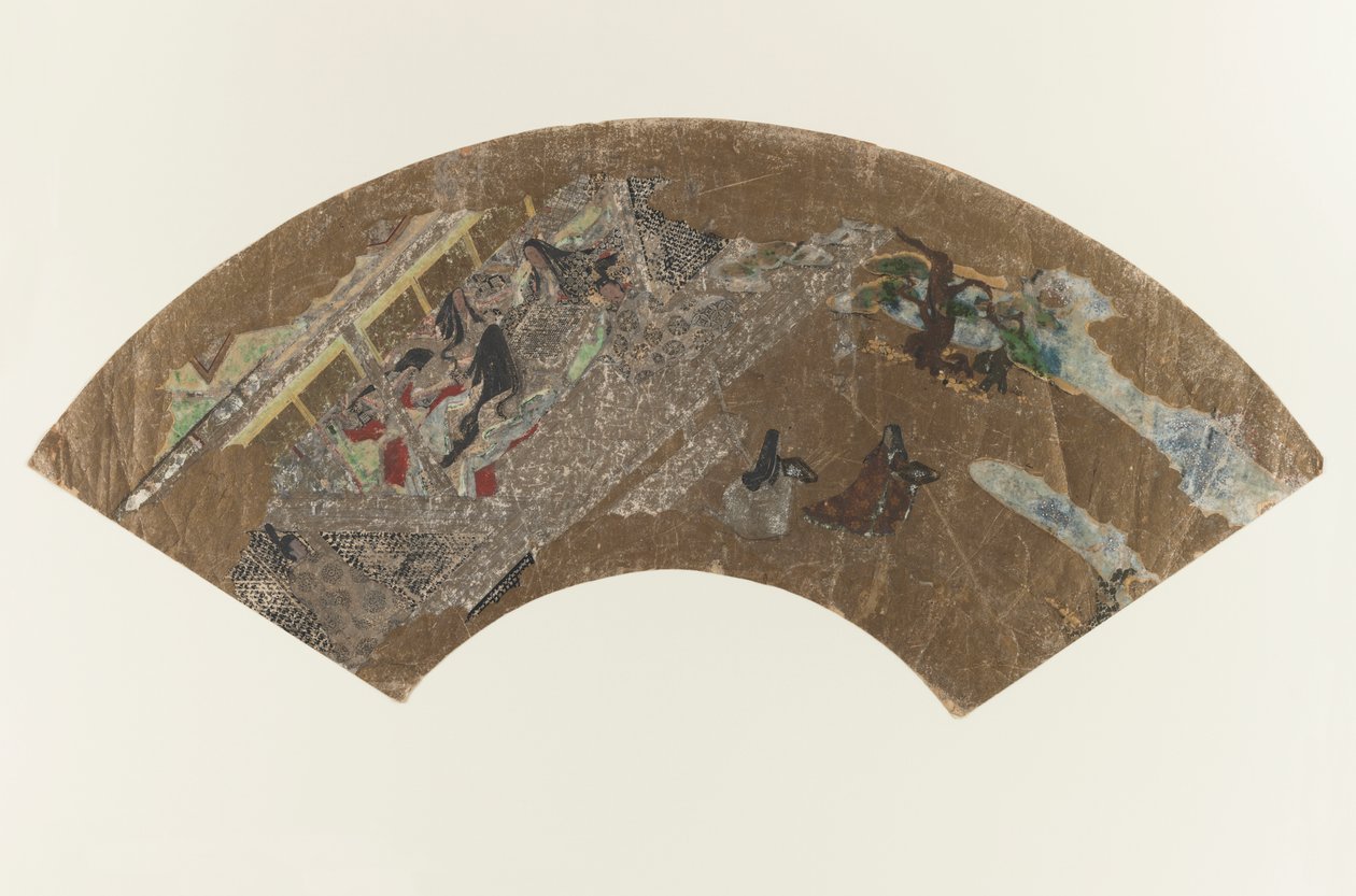 Nimetön - Viuhkamainen maalaus naisista, jotka istuvat paviljongissa leikkimässä, 1603-1868 tekijältä Japanese School