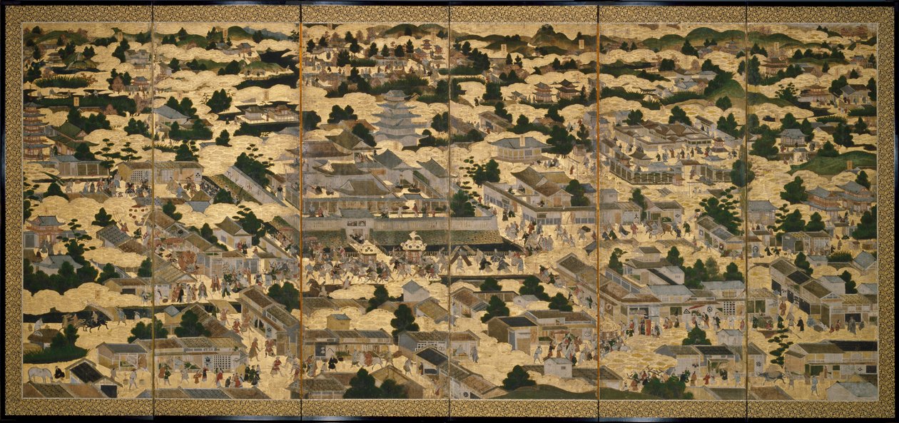 Näkymiä Kiotossa ja sen ympäristössä (Rakuchu rakugai zu), n.1616-24 (muste, väri ja lehtikulta paperille). tekijältä Japanese School