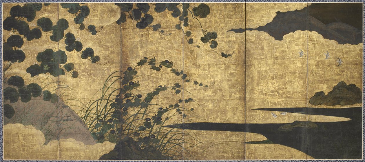 Viiniköynnöksiä, kota, ruohoja ja rantalintuja, Momoyama-kausi, 1568-1615 (kulta, muste ja väri paperille) tekijältä Japanese School