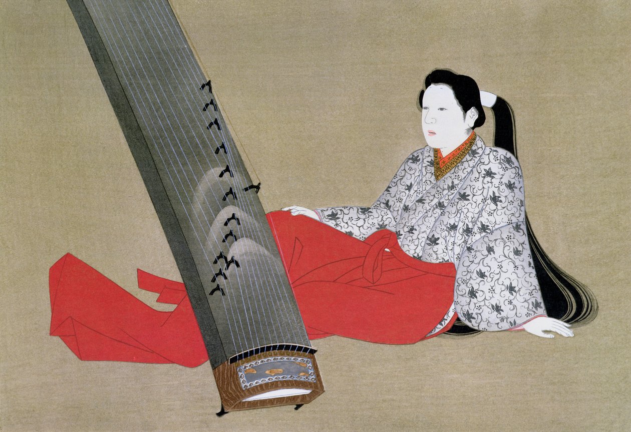Nainen leikkimässä Kotoa, kopioitu Kokka-lehdessä, n. 1896-97 tekijältä Japanese School