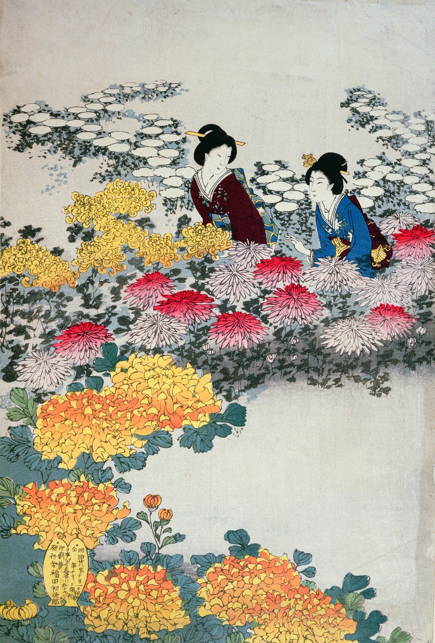 Naiset kukkivassa puutarhassa (värillinen puupainatus) tekijältä Japanese School