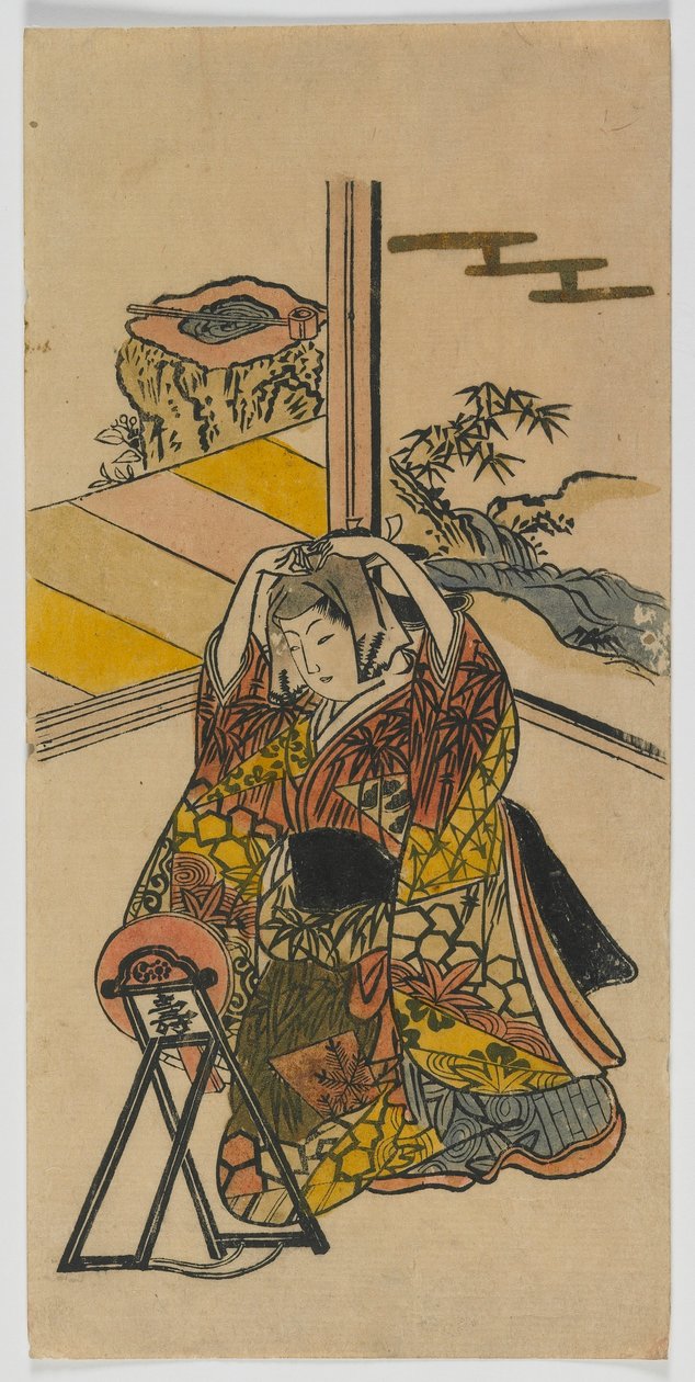 Nuori nainen polvistumassa peilin vieressä, Edo-kausi, 1720-luku (värillinen puupainatus) tekijältä Japanese School