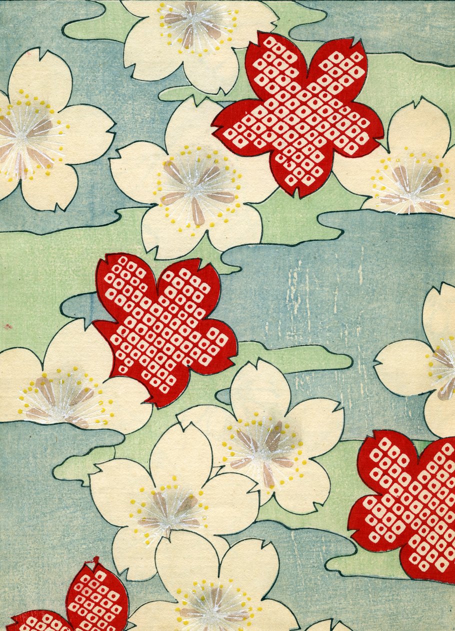 värillinen puupalikkaprintti Dogwood Blossomsista tekijältä Japanese School