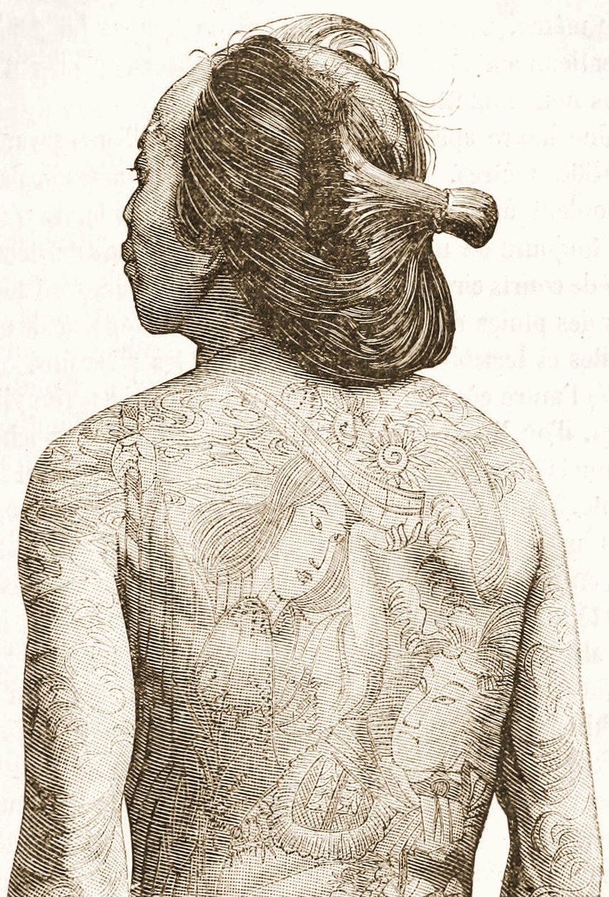 mies, jolla on perinteiset japanilaiset Irezumi-tatuoinnit, n. 1880 tekijältä Japanese School