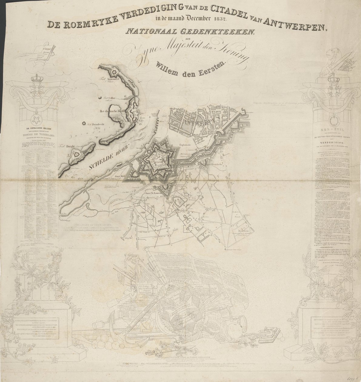 Antwerpenin linnoituksen Roemryke-puolustus joulukuussa 1832. Kansallinen muistomerkki Hänen Majesteettinsa kuningas Willem den Eerstelle (nimi esineessä) tekijältä Ja.s Wyld