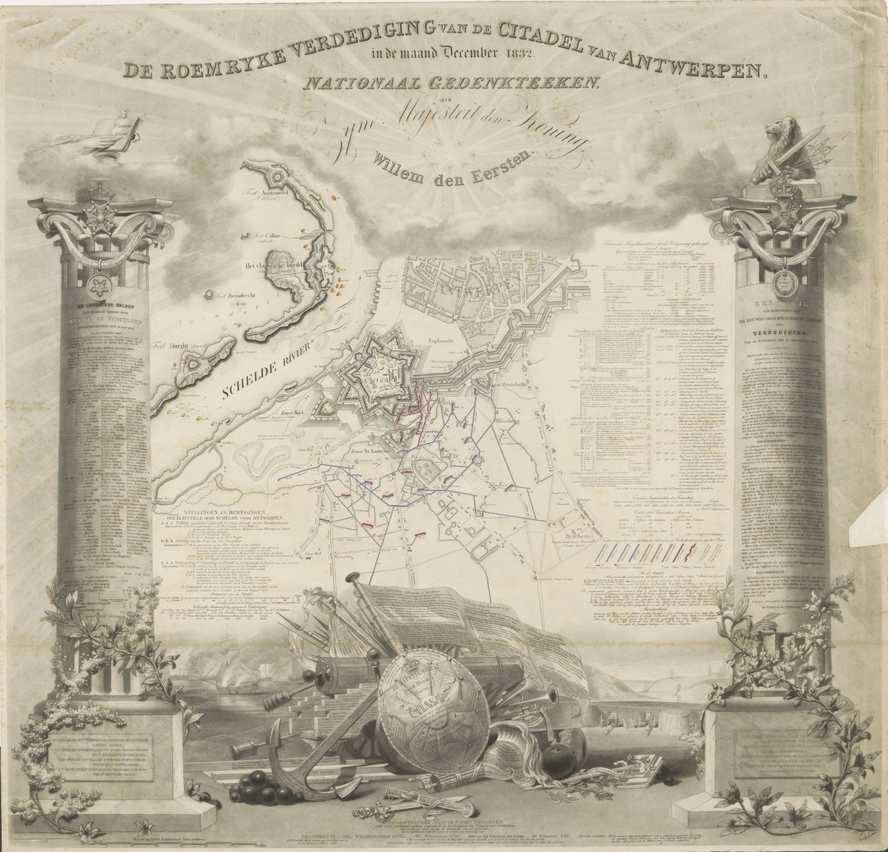 Antwerpenin linnoituksen Roemryke-puolustus joulukuussa 1832. Kansallinen muistomerkki Hänen Majesteettinsa Kuninkaalle Willem den Eerstelle (nimi esineessä) tekijältä Ja.s Wyld