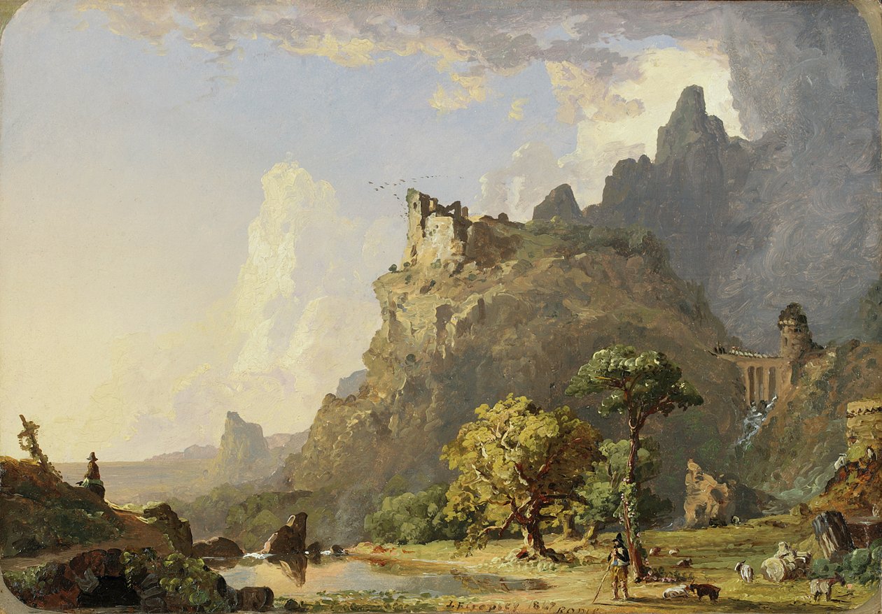 Italialainen maisema lähellä Roomaa: Vuoripuron tutkimus, 1847 (öljy paperille, asetettu kankaalle) tekijältä Jasper Francis Cropsey