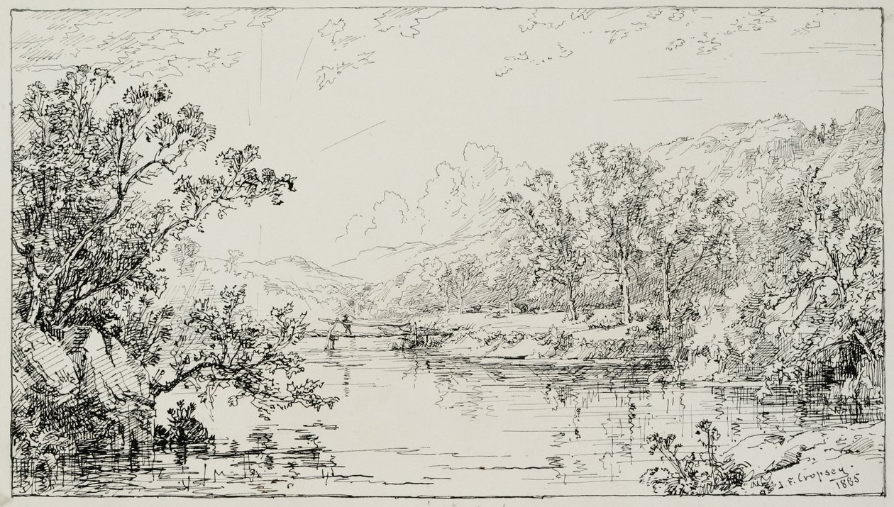 Lokakuu Ramapon laaksossa, 1885 (kynä ja musta muste, grafiittilisäyksiä kermanväriselle Bristol-kartongille). tekijältä Jasper Francis Cropsey