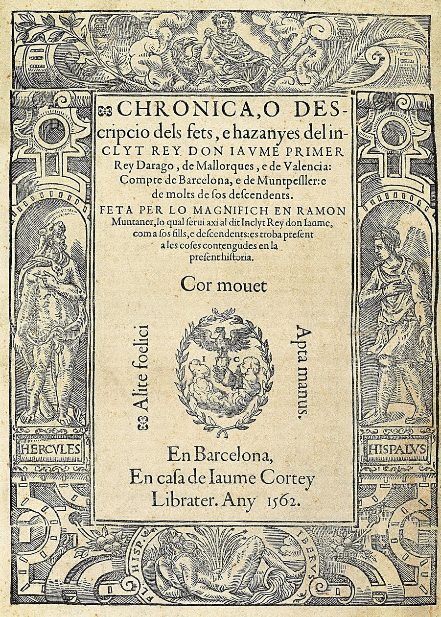Ramon MUNTANER (1265-1336), Katalonian armeija ja kolumnisti. Kansi kirjasta Chronica, o descripcio dels fets, e hazanyes del inclit rey Don Jaume Primer, painoksesta, joka on tehty Barcelonassa kirjailija Jaume Corteyn talossa. Kaiverrus, Espanja, Barcelo tekijältä Jaume Cortey